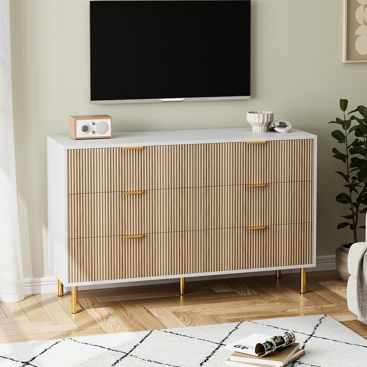 KOMMODE 6 Schubladen geriffelt Holz - Naturfarben, Holz (34/73/100cm) - Fortuna Lai