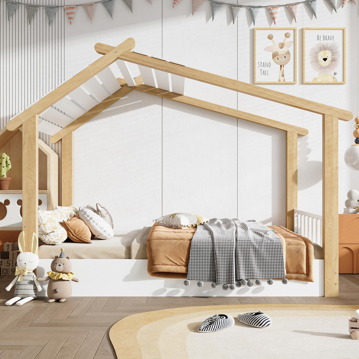 KINDERBETT 90/200 cm mit Lattenrost im Hausdesign aus Kiefer und MDF, Weiß/Natur - Weiß, Holz (90/200cm) - Redom