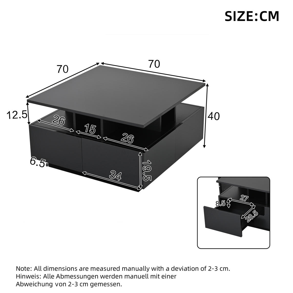COUCHTISCH 70/70/40 cm schwarz mit 4 Schubladen und LED-Beleuchtung - Schwarz, Holzwerkstoff (70/70/40cm) - OKWISH