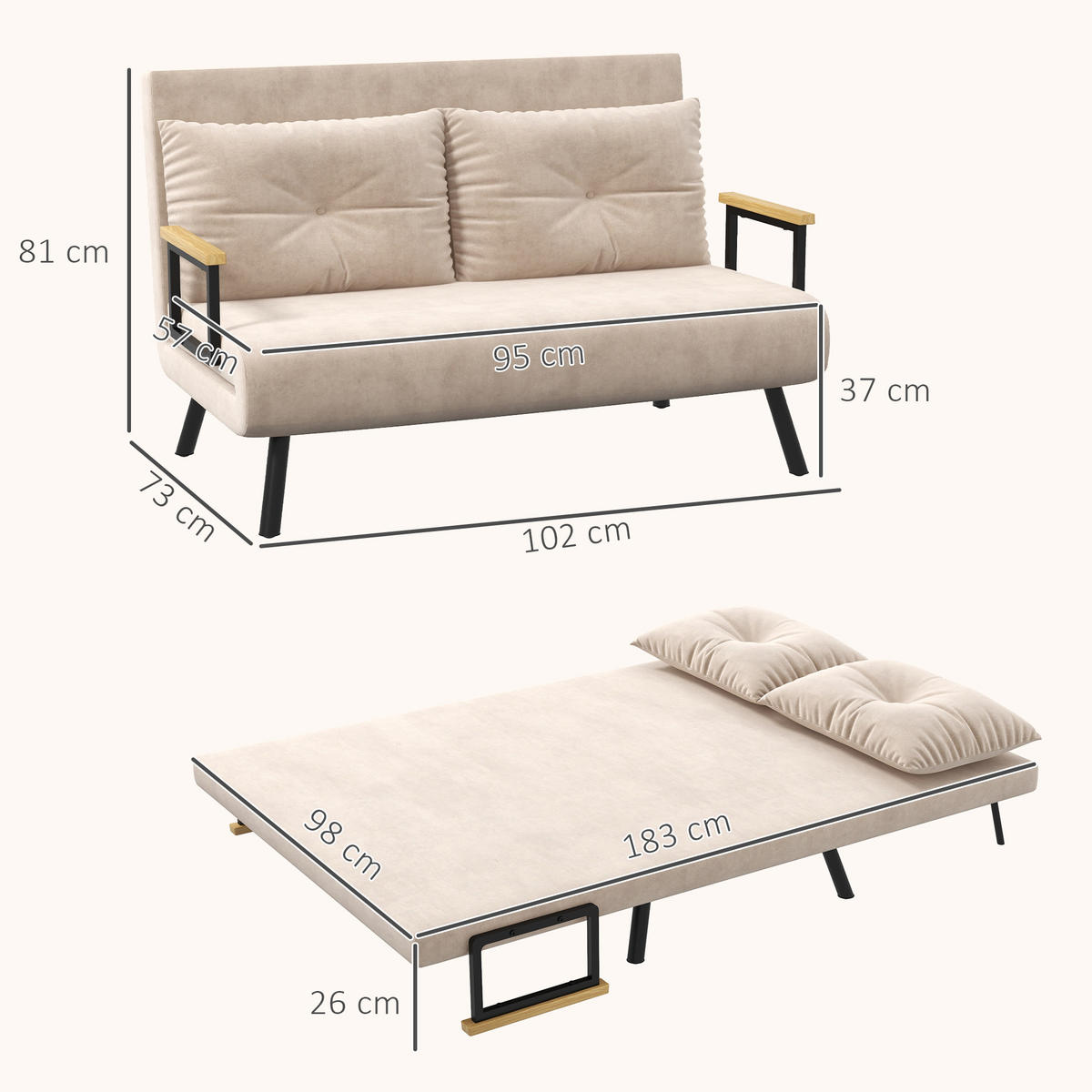 SCHLAFSOFA, Zweisitzer mit Bettfunktion, Schlafcouch mit Samtoptik, Rückenkissen - Beige/Schwarz, Holz/Textil (73/81/102cm) - HOMCOM