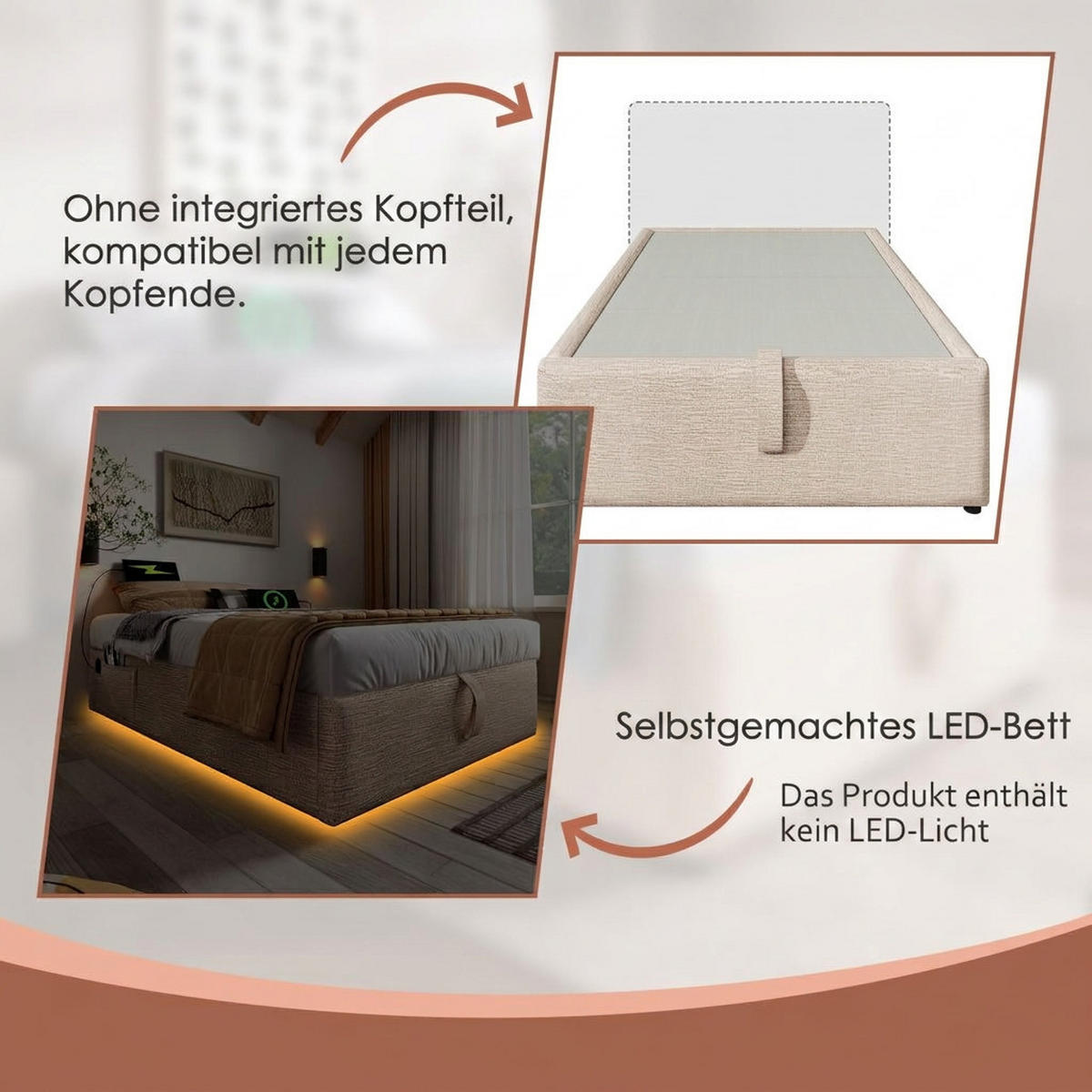 POLSTERBETT 90/200 cm Natürlich mit USB- C, Ohne Kopfteil - Naturfarben, Textil (90/200cm) - Oxeza