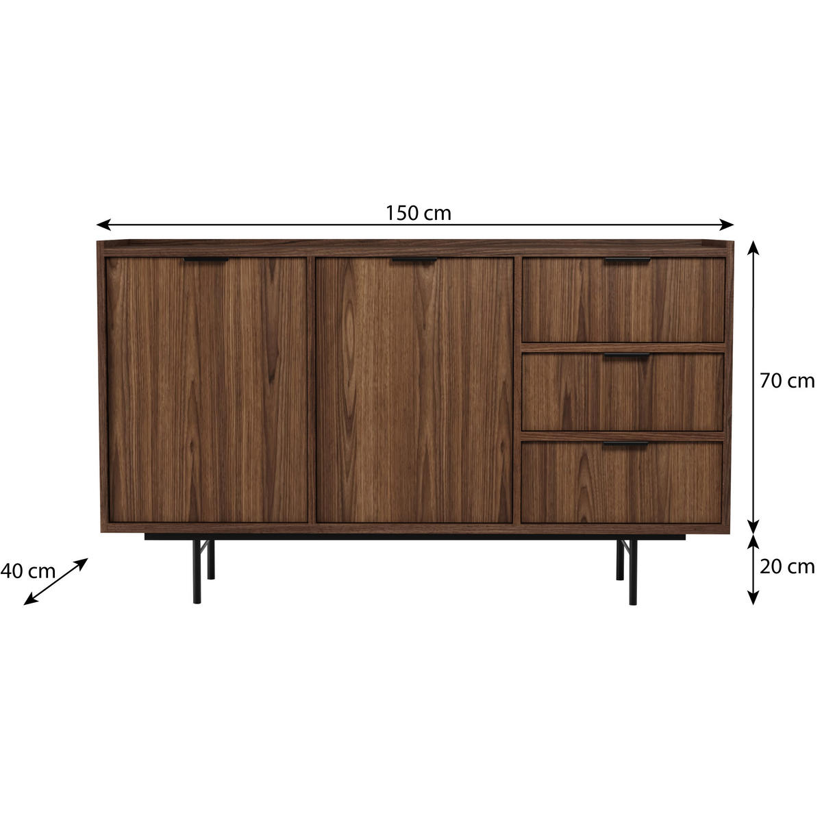 WOHNWAND Evron Kommode 150 cm TV-Board 150 cm Bücherregal 90 cm, Walnuss - Walnussfarben/Schwarz, Holzwerkstoff/Metall (150/90/40cm) - Beautysofa