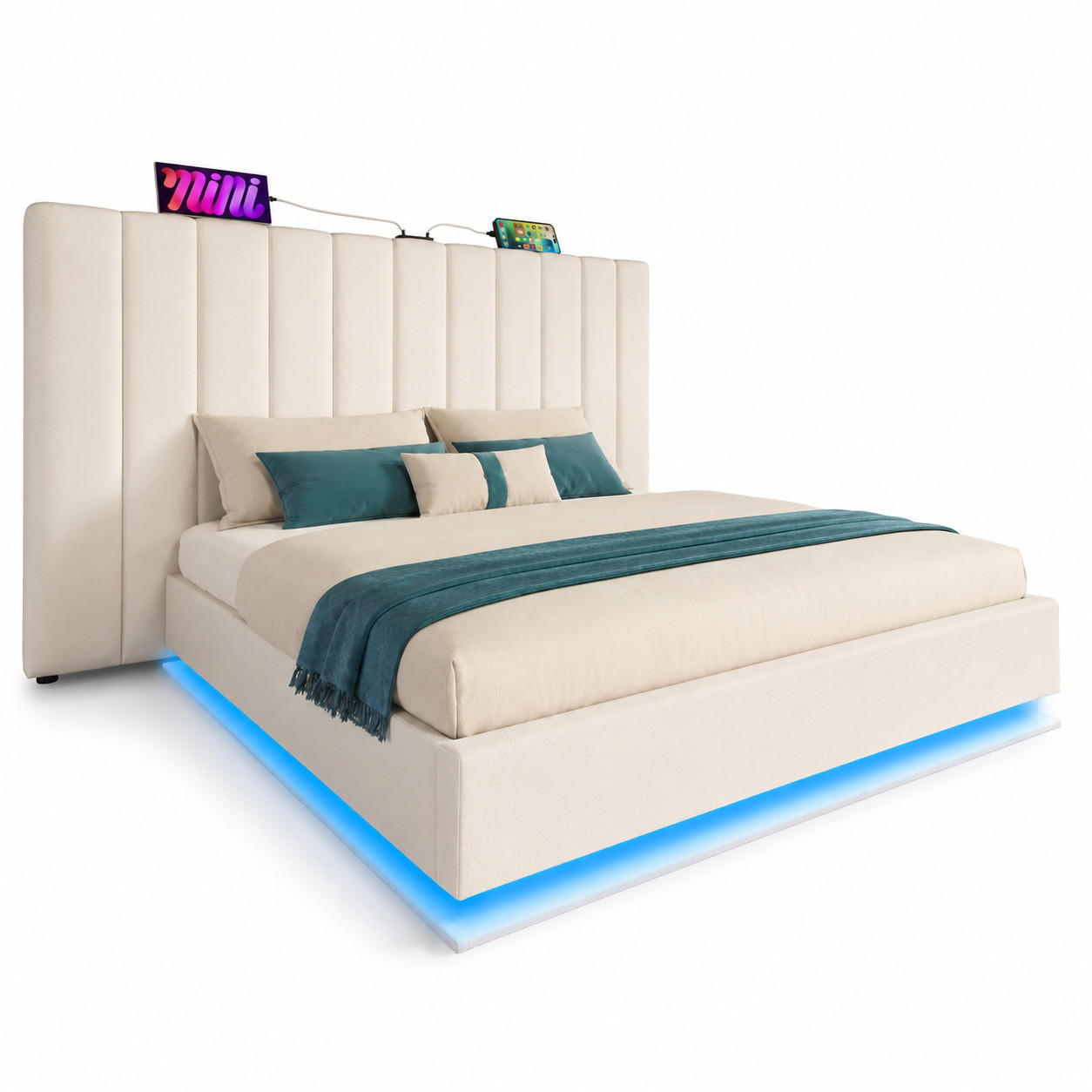 BETT mit Stauraum 160x200 cm PU Weiß mit LED und USB-C - Weiß, Metall (160/200cm) - Meubliv