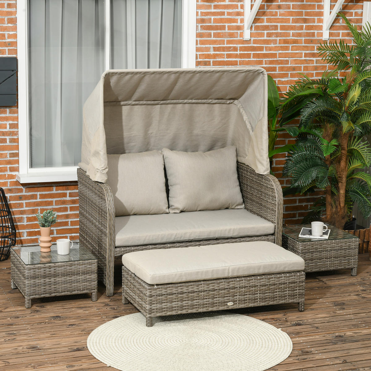 GARTENLOUNGE-SET 4tlg. DE-13640 2-Sitzer-Sofa mit Hocker & 2 Tischen Beige & Braun - Mokka, Kunststoff/Metall - ComfortXL