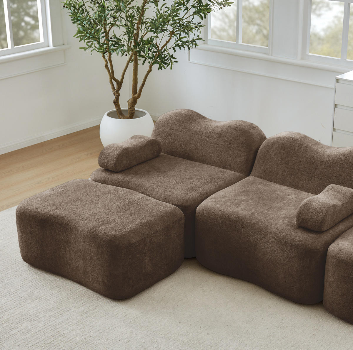 2-SITZER sofa rahmenlos mit Wellenform, tiefer Sitzfläche und flexiblem Hocker, Braun - Braun, Textil (192/70/98cm) - Redom