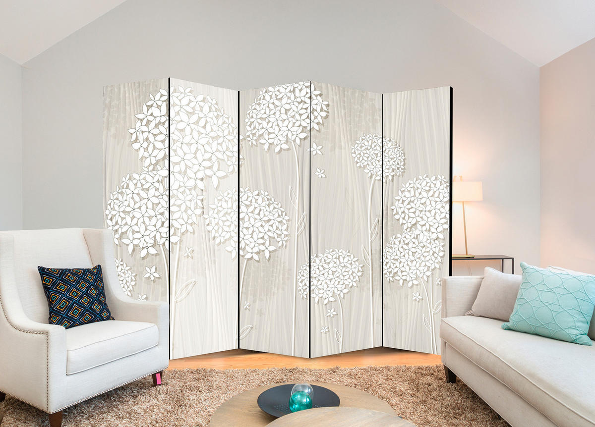 PARAVÁN Obojstranný 5-dielny 225x172 cm Kvety Boho - béžová, drevo/textil (225/172/3cm) - Muralo