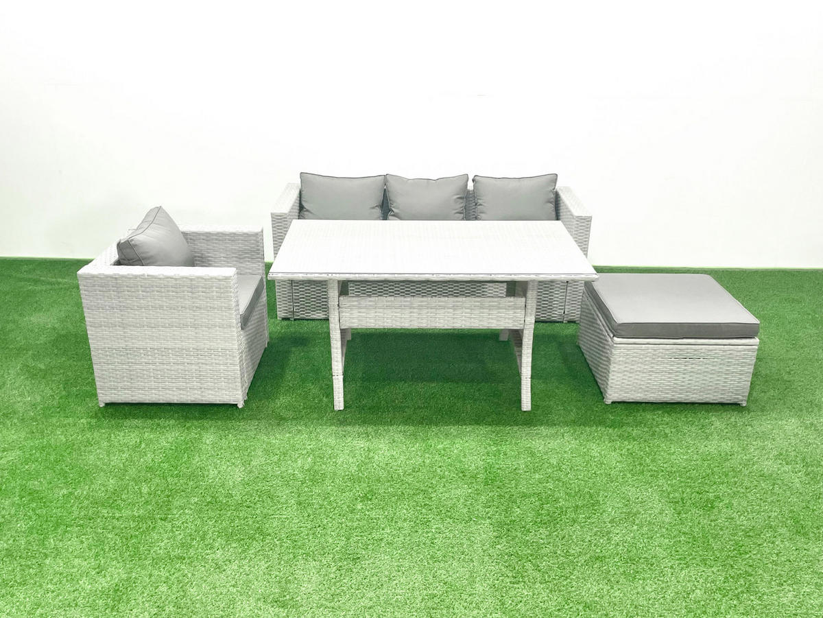 GARTENMÖBEL SET Polyrattan Dunkelgrau 5-Sitzer - Hellgrau/Grau, Glas/Kunststoff - Fimous