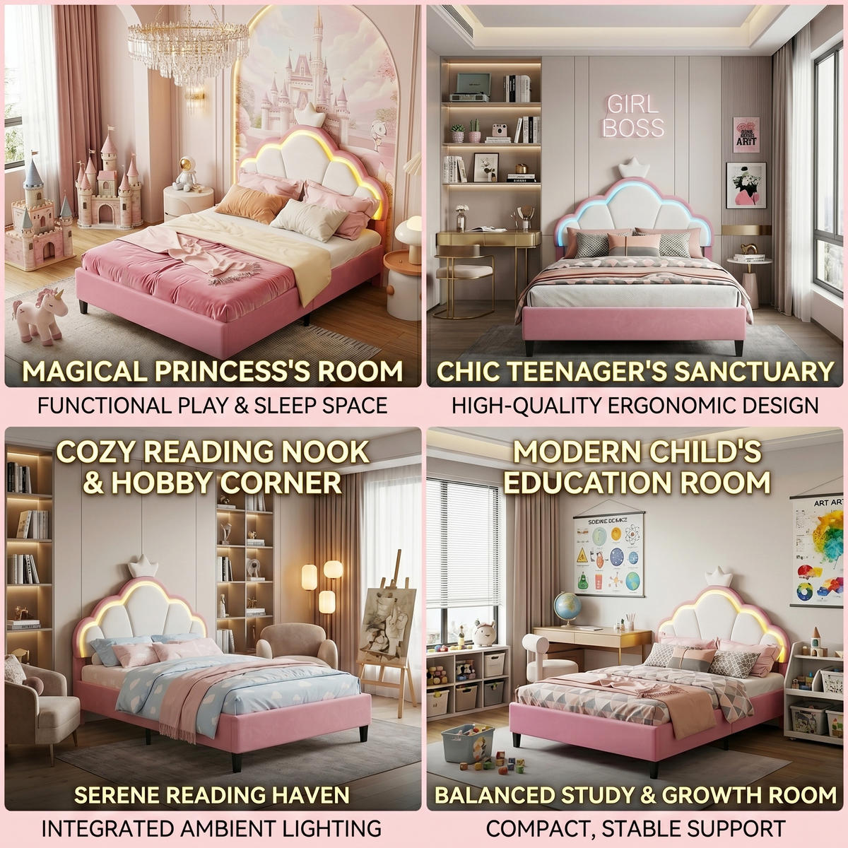 JUGENDBETT Sternenkrone mit RGB-LED & Wellen-Kopfteil 140/200 cm Samt Rosa/Weiß - Pink, Textil (140/200cm) - Creahappy
