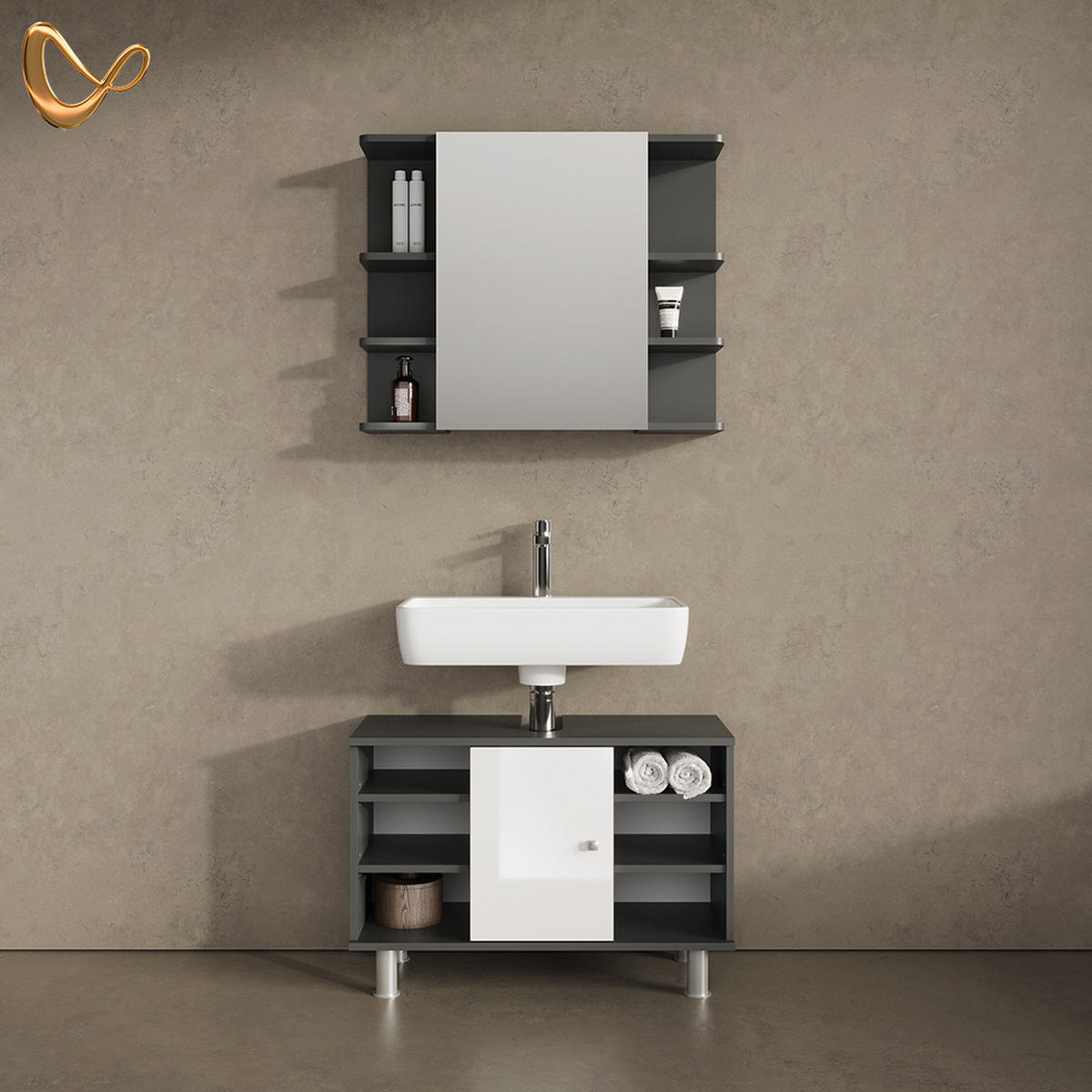 BADMÖBEL-SET Fucino Anthrazit 2 Teile, Unterschrank 80 cm - Anthrazit/Weiß, Holzwerkstoff (80/54/32cm) - Livinity®