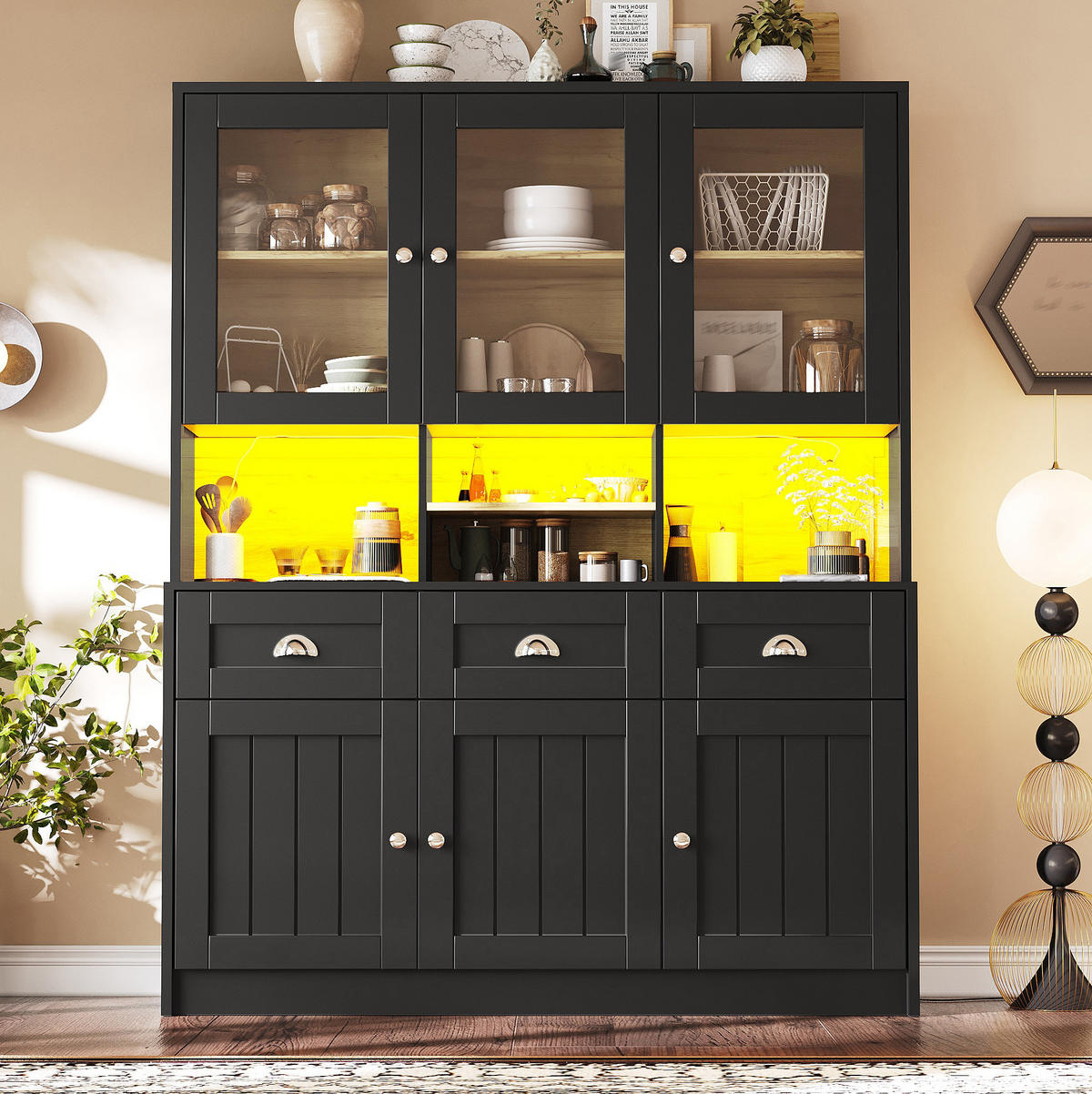 KÜCHENSCHRANK mit LED 140 x 40 x 175 cm MDF Schwarz - Schwarz, Holzwerkstoff (40/175/140cm) - Meubliv