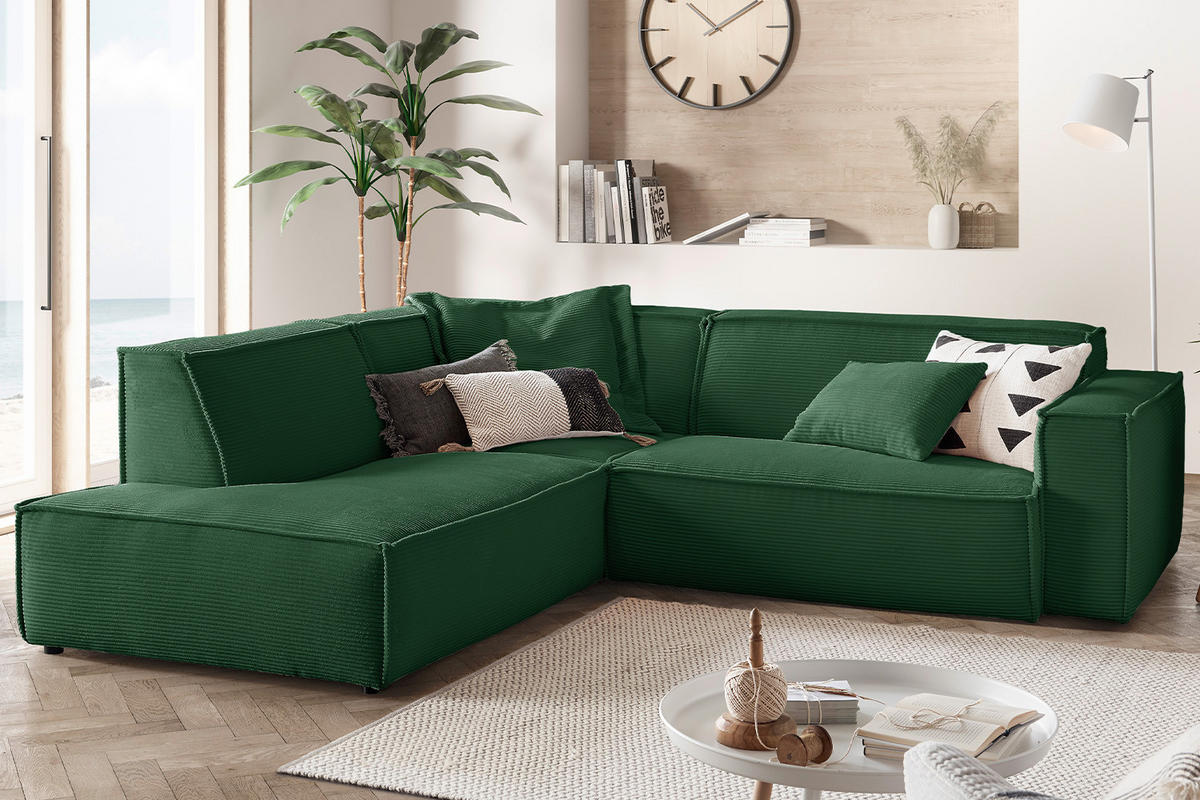 ECKSOFA SAMU Smaragdgrün Cord - Smaragdgrün/Schwarz, Textil (254/224cm) - KAWOLA
