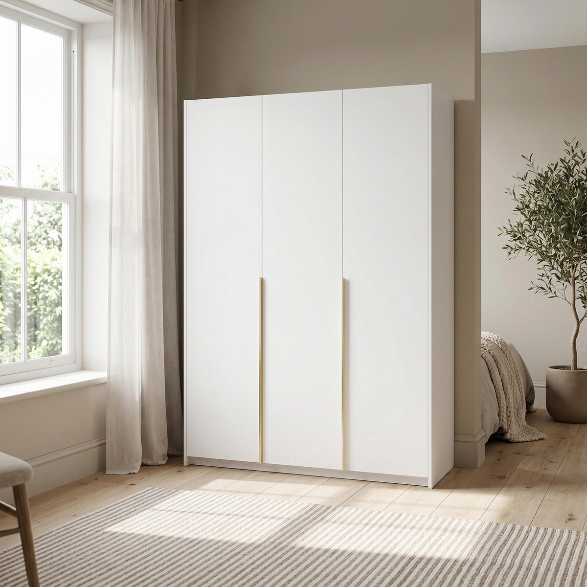 DREHTÜRENSCHRANK AMARA 148/204/58cm 3-türig Weiß - Goldfarben/Weiß, Holzwerkstoff (148/204/58cm) - MASSENO