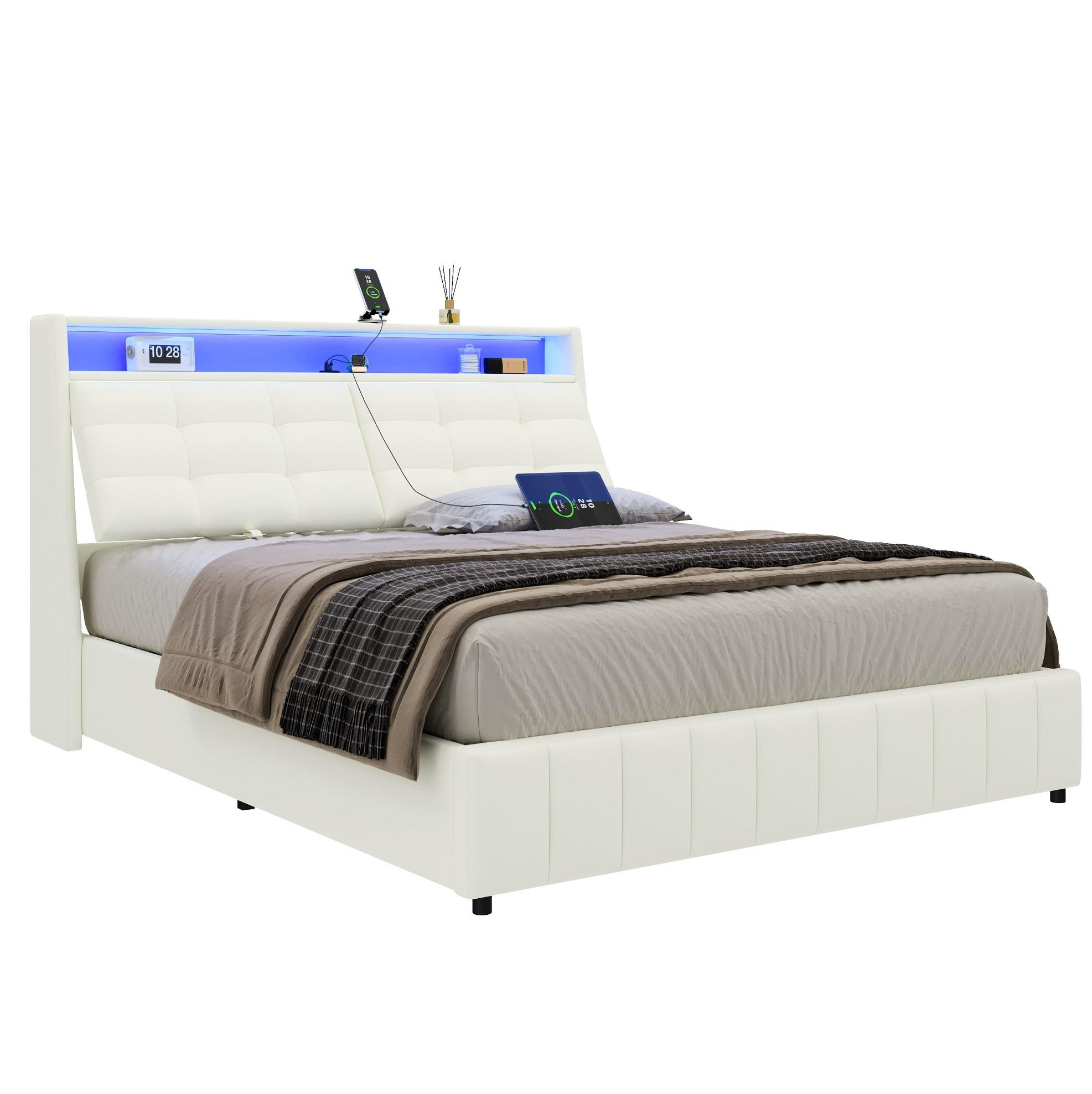 OKWISH ČALOUNĚNÁ postel 160/200 cm bílá z MDF a překližky s LED, USB a úložným prostorem