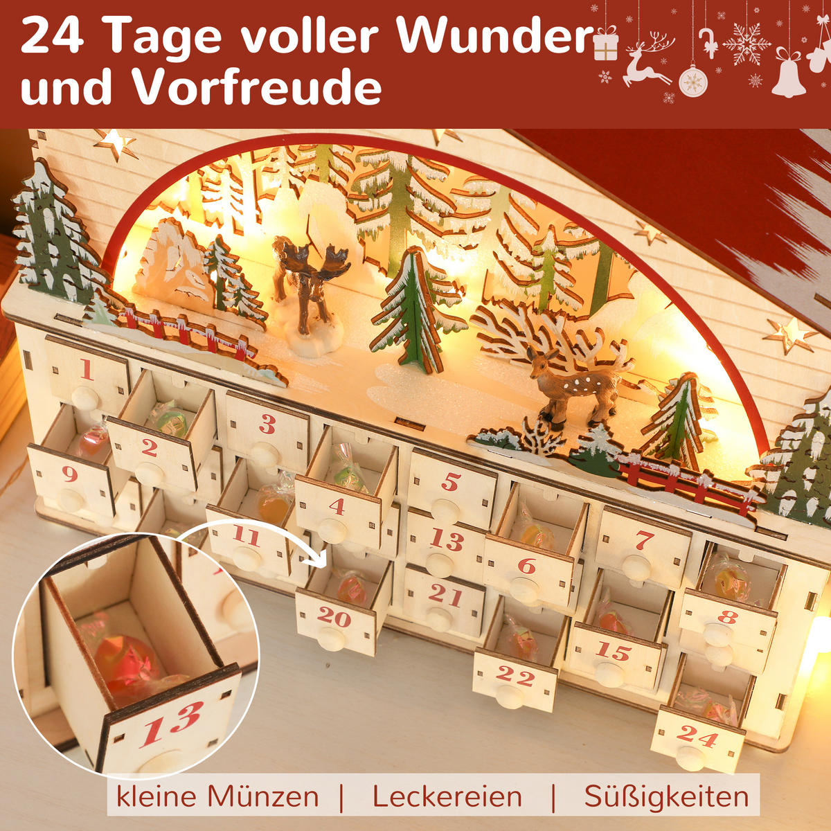 ADVENTSKALENDER zum Befüllen 24 Schubladen Fächer Weihnachtskalender Naturholz - Naturfarben, Holzwerkstoff (10/34/36cm) - HOMCOM