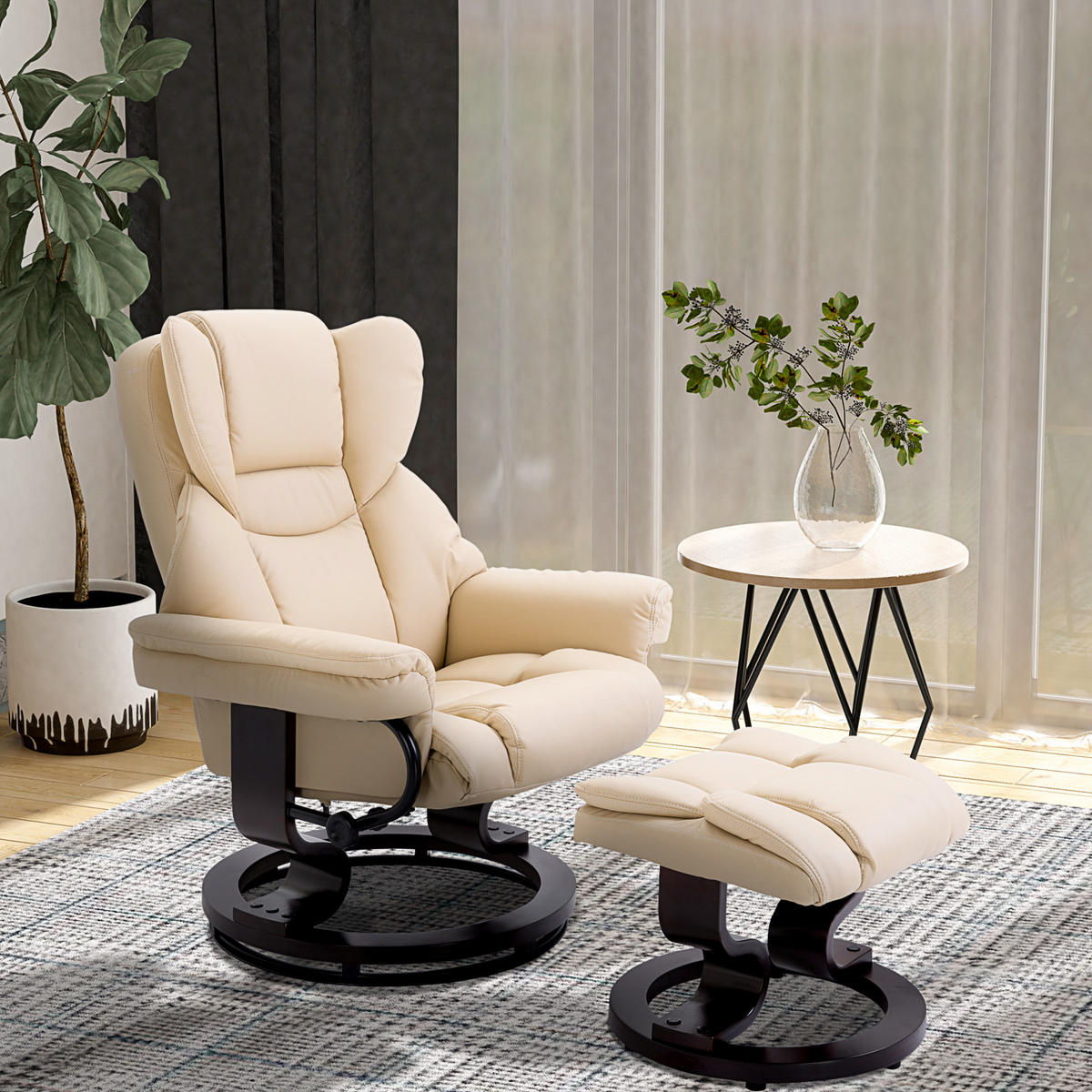 RELAXSESSEL mit Hocker 80/79/100 cm in Cremeweiß, drehbar mit Liegefunktion - Creme, Holz (79/100/80cm) - Flora Grace