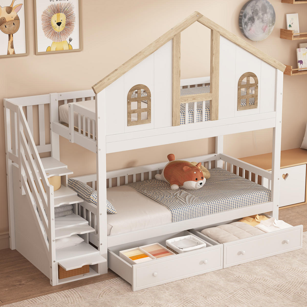 ETAGENBETT 90/200 cm Hausbett mit Stauraumtreppe, DE-41749, in Weiß - Weiß, Holzwerkstoff (90/200cm) - ComfortXL