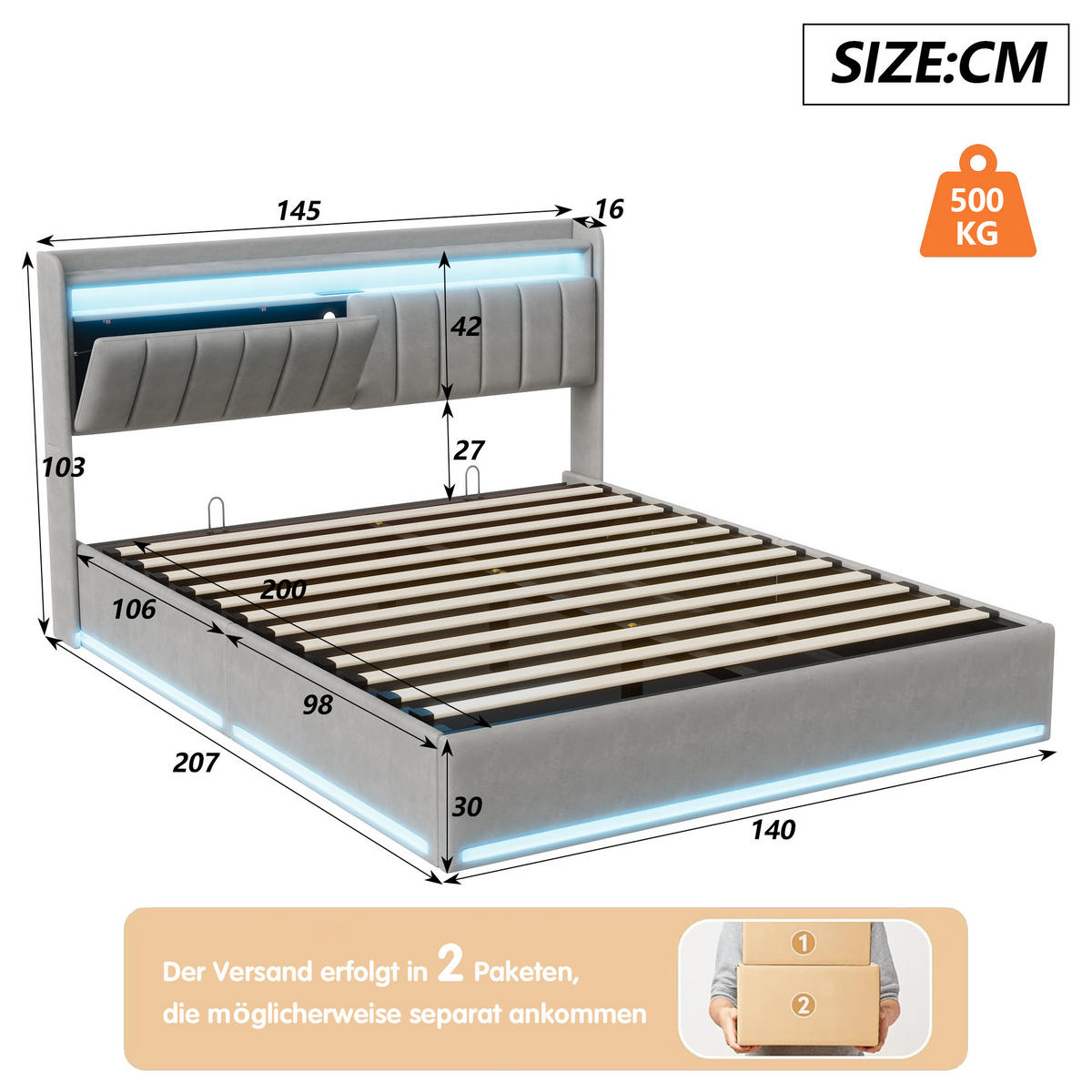 DOPPELBETT 140x200 cm mit Stauraum, LED & USB, Velours, grau - Grau, Metall (140/200cm)