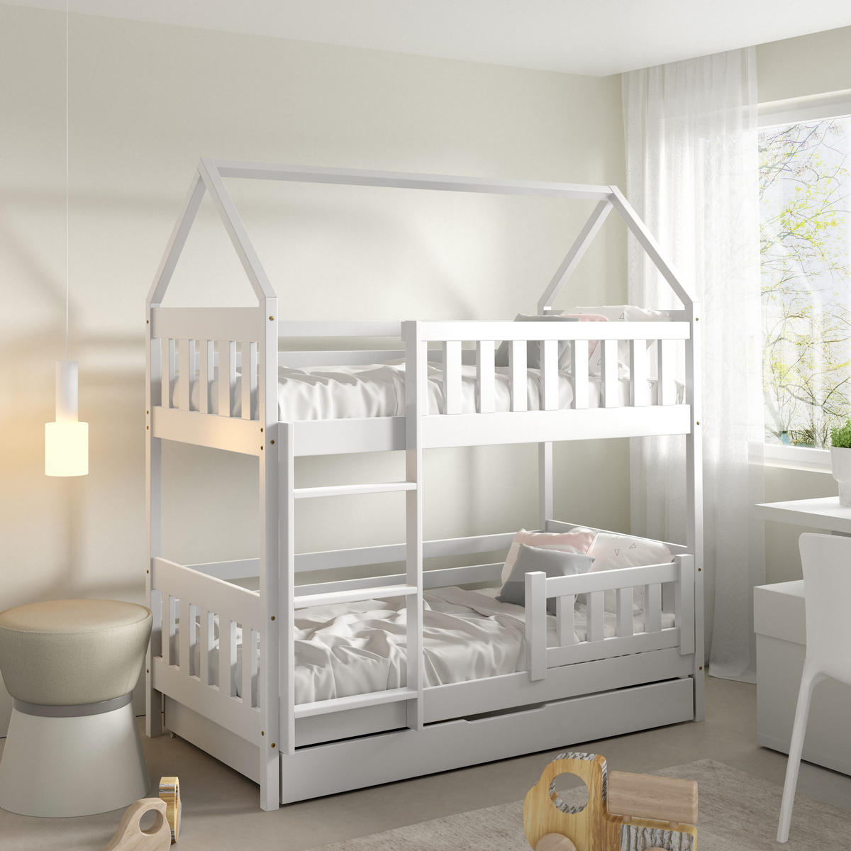 ETAGENBETT ELENA mit Bettkasten 80x190 cm Weiß - Weiß, Holz (80/190cm) - MASSENO