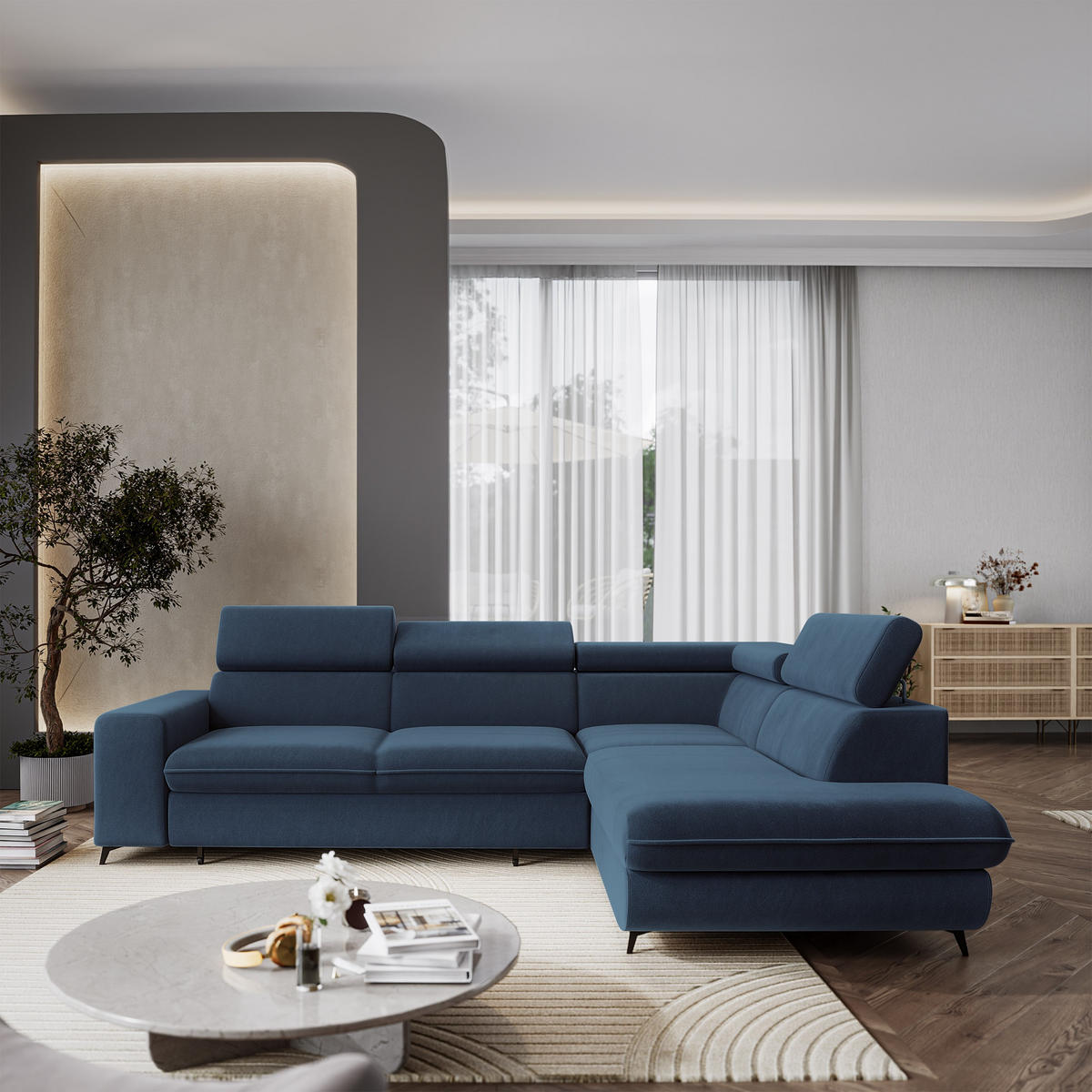 ECKSOFA VELISS Blau Veloursstoff mit Schlaffunktion - Blau, Holz (255/193cm) - MASSENO