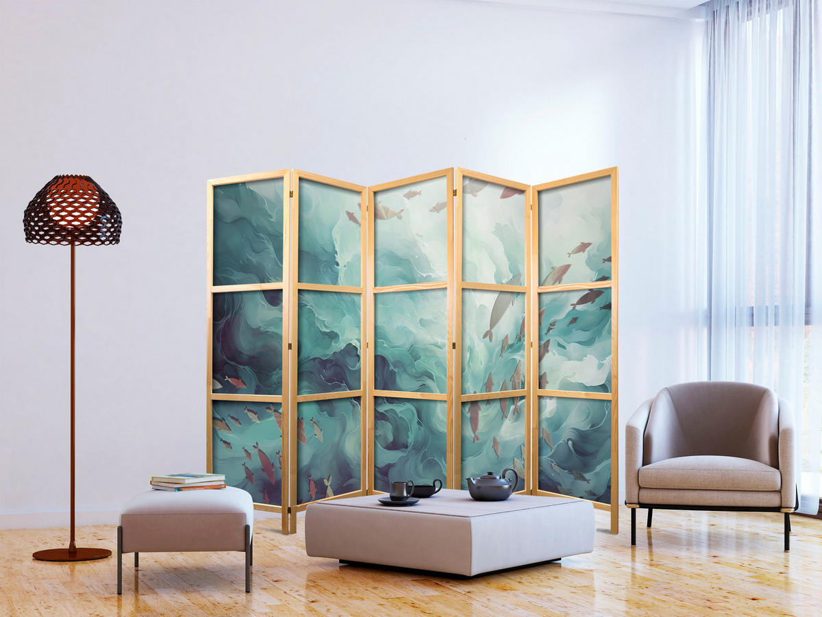 PARAVENT Japanischer 5-tlg 225x172 cm Fische Im Meer - Blau, Holz/Textil (225/172/3cm) - Muralo