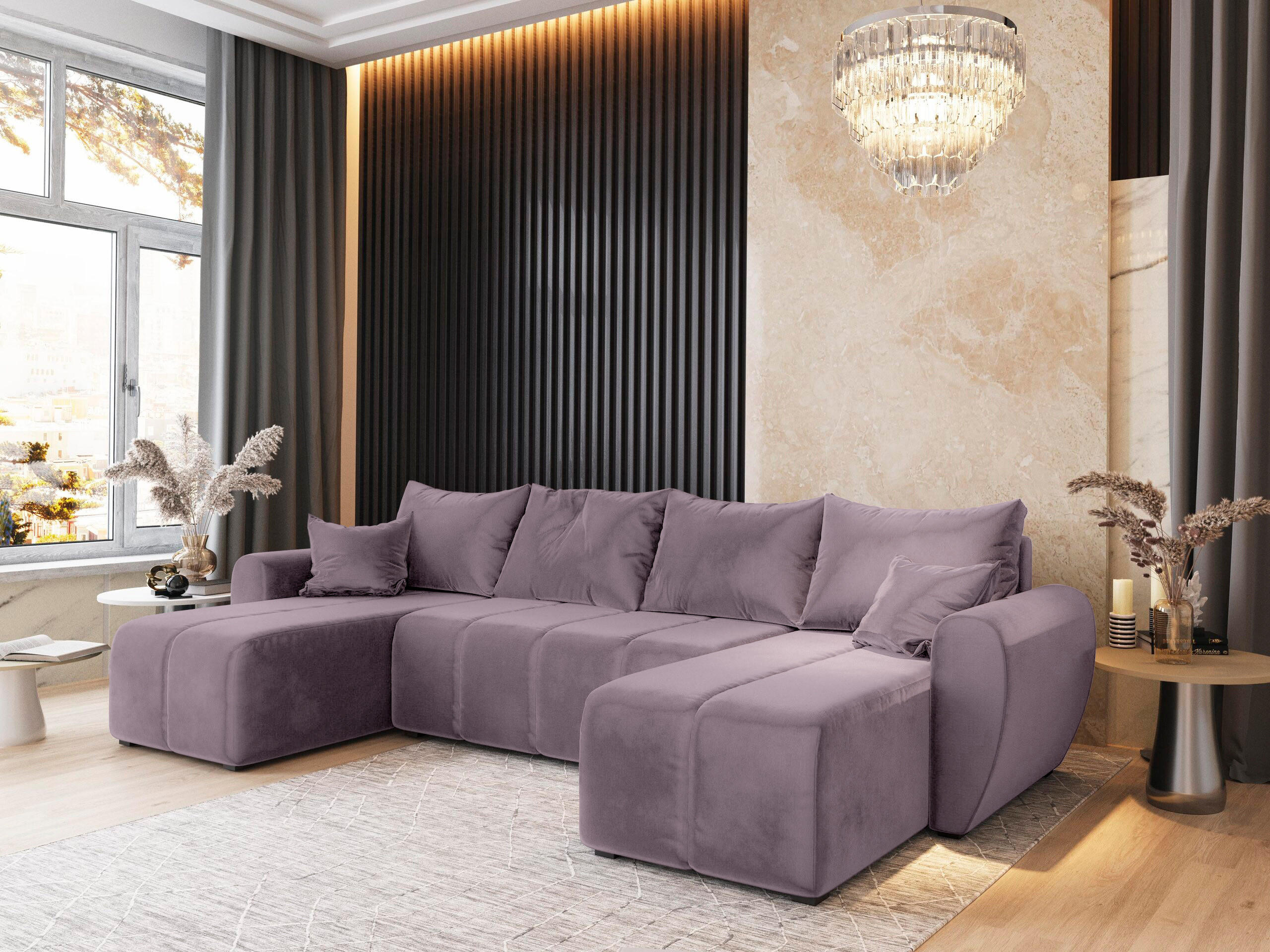 WOHNLANDSCHAFT MADISON U Rosa Plüsch-Stoff mit Schlaffunktion - Rosa, Holz (311/82/145cm) - MASSENO