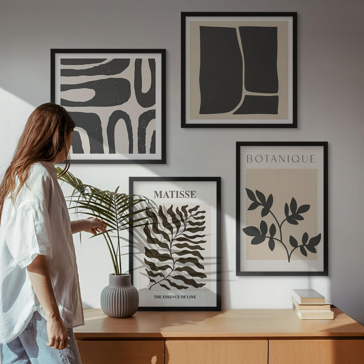 BILDER SET 4er Set - 50x50 cm & 40x60 cm Schwarzer Rahmen - Minimalistische Pflanzenposter - Schwarz, Kunststoff (50/50cm) - TULUP