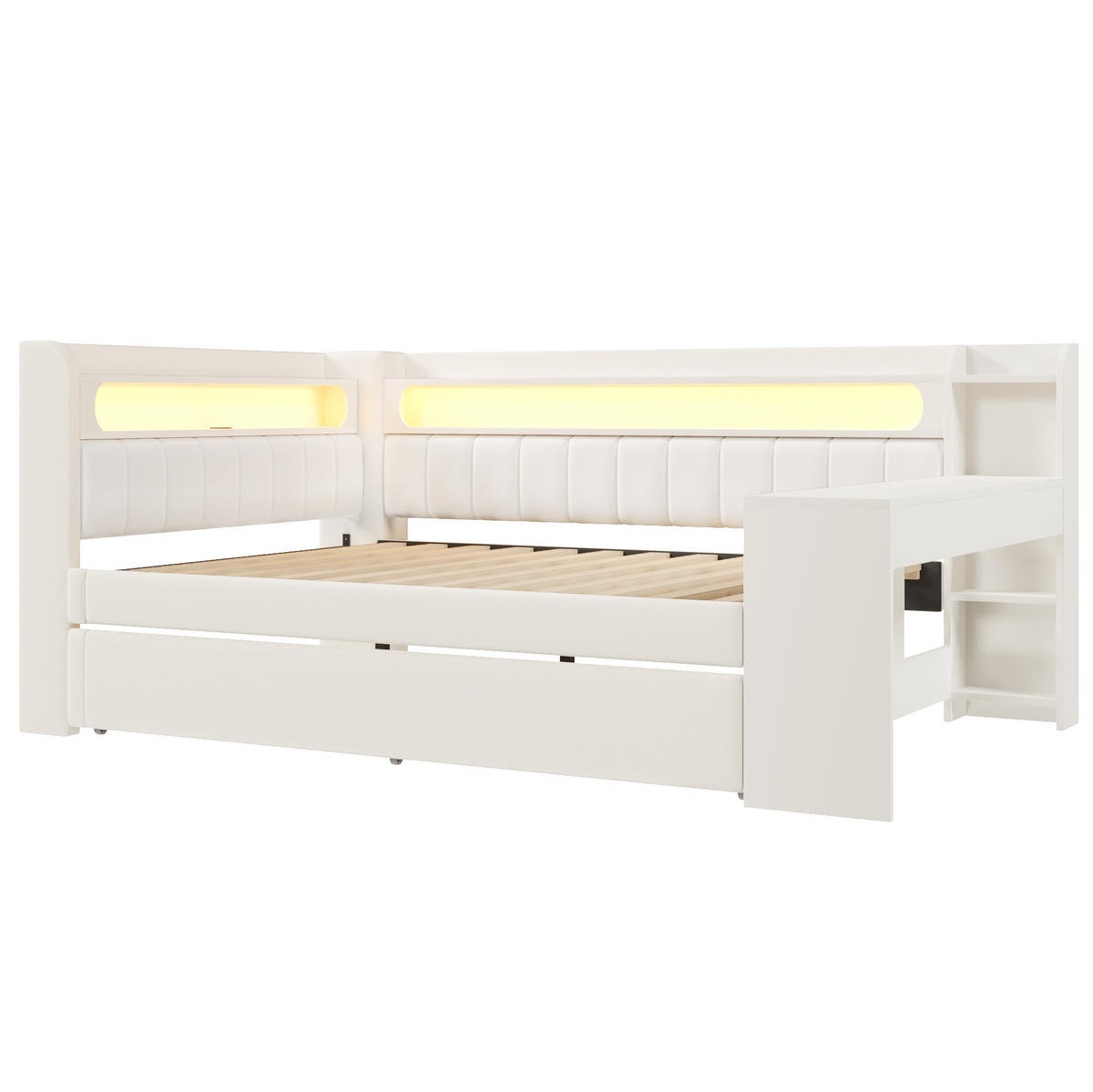 POLSTERBETT 140/200 cm mit LED-Beleuchtung, USB und Ausziehbett in Weiß - Weiß, Holzwerkstoff (140/200cm) - BEAOK