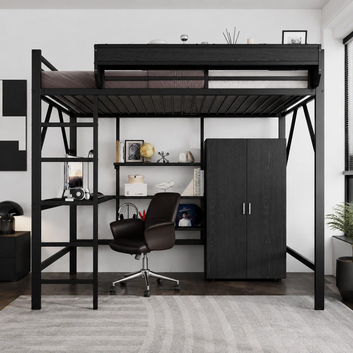 HOCHBETT 140/200 mit Schreibtisch, Kleiderschrank und Stauraum in Schwarz - Schwarz, Holzwerkstoff/Metall (90/200cm) - EVRYAE