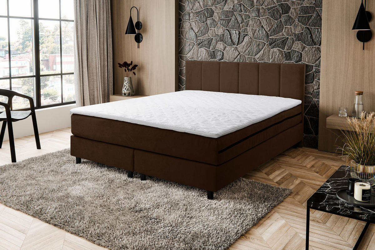 BOXSPRINGBETT Paris, Polsterbett Maße: 160x200 cm, Farbe: Braun, Velourstoff, Doppelbett mit Bonell-Matratze H3 inkl. Topper - Braun, Holz/Kunststoff (160/200cm) - VENASI MÖBEL