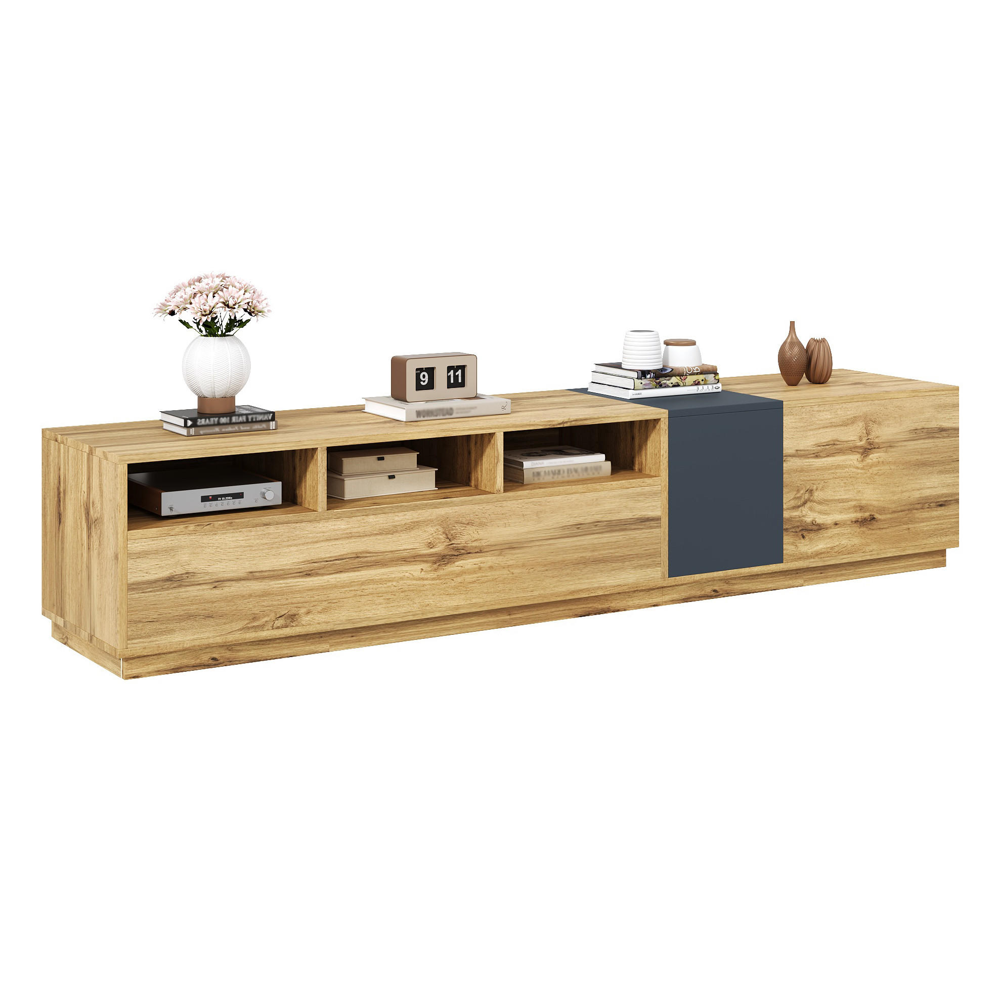 TV-LOWBOARD 200/45/45 cm mit Kabeldurchlass und 3 Türen - Schwarz, Holzwerkstoff (200/45/45cm) - BEAOK