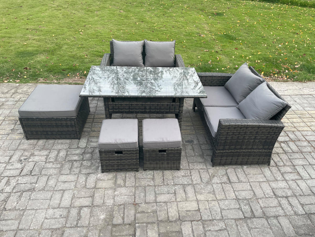 BALKONMÖBEL-SETS mit 2-Sitzer Sofa,3 Fußhocker,Esstisch Polyrattan Dunkelgrau 7-Sitzer - Dunkelgrau/Grau, Glas/Kunststoff - Fimous