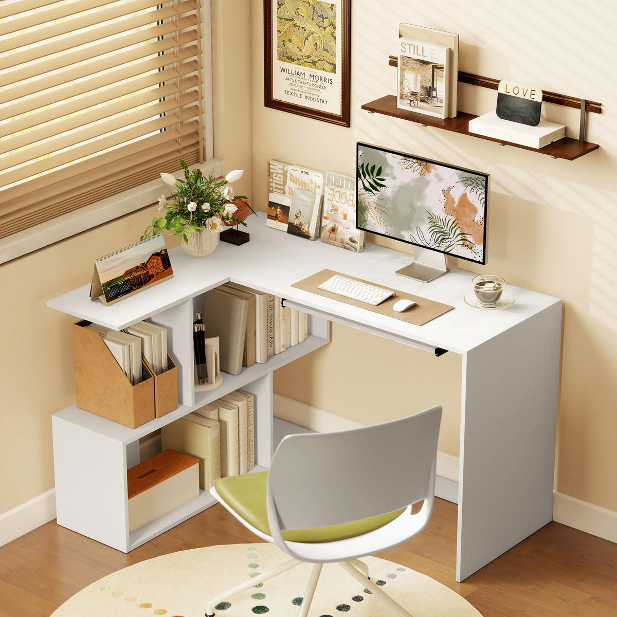 ECKSCHREIBTISCH Weiß in Holzoptik mit Tastaturauszug und Regalfächern 120/100/76 cm - Weiß, Holzwerkstoff (100/120/76cm) - PANGIVO
