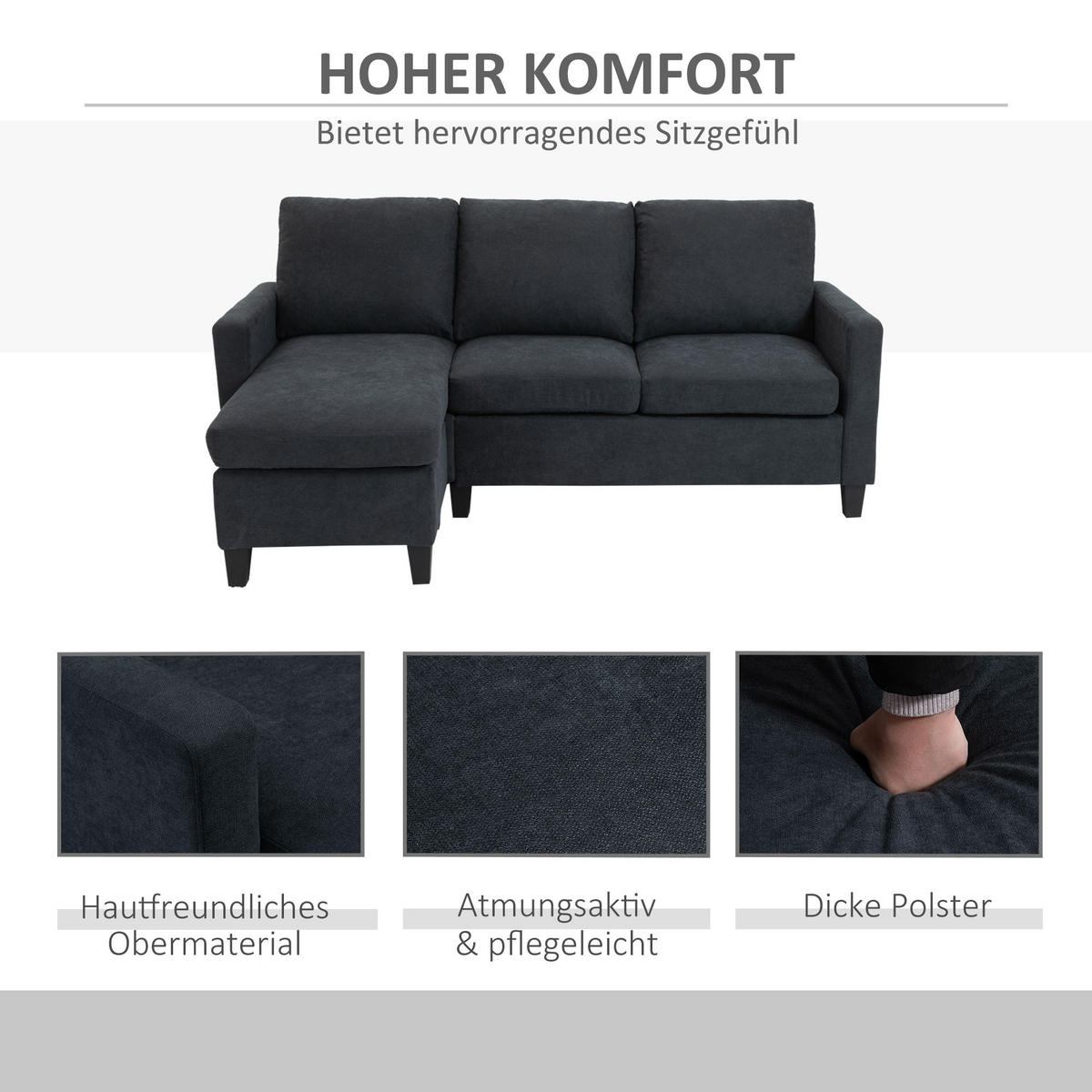 ECKSOFA L-Form Couchgarnitur mit wendbarer Chaiselongue Dunkelgrau - Dunkelgrau/Schwarz, Kunststoff/Textil (139/197cm) - HOMCOM
