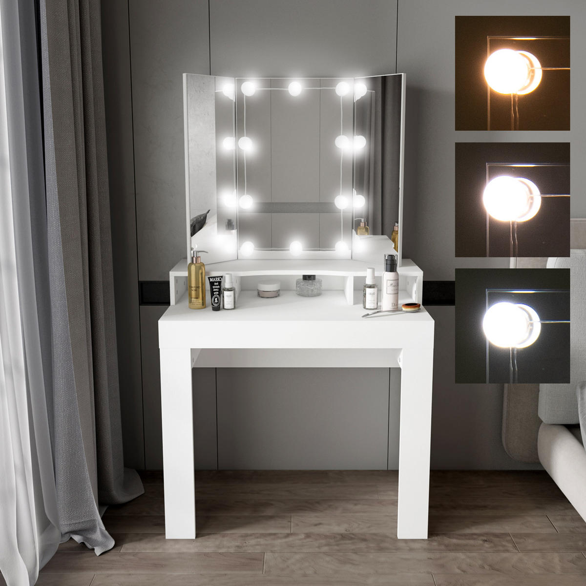 SCHMINKTISCH 89 cm Weiß mit LED Beleuchtung, Spiegel 3-tlg und Schublade - Weiß Hochglanz/Weiß, Holzwerkstoff (43.5/155/89.5cm) - ML-DESIGN