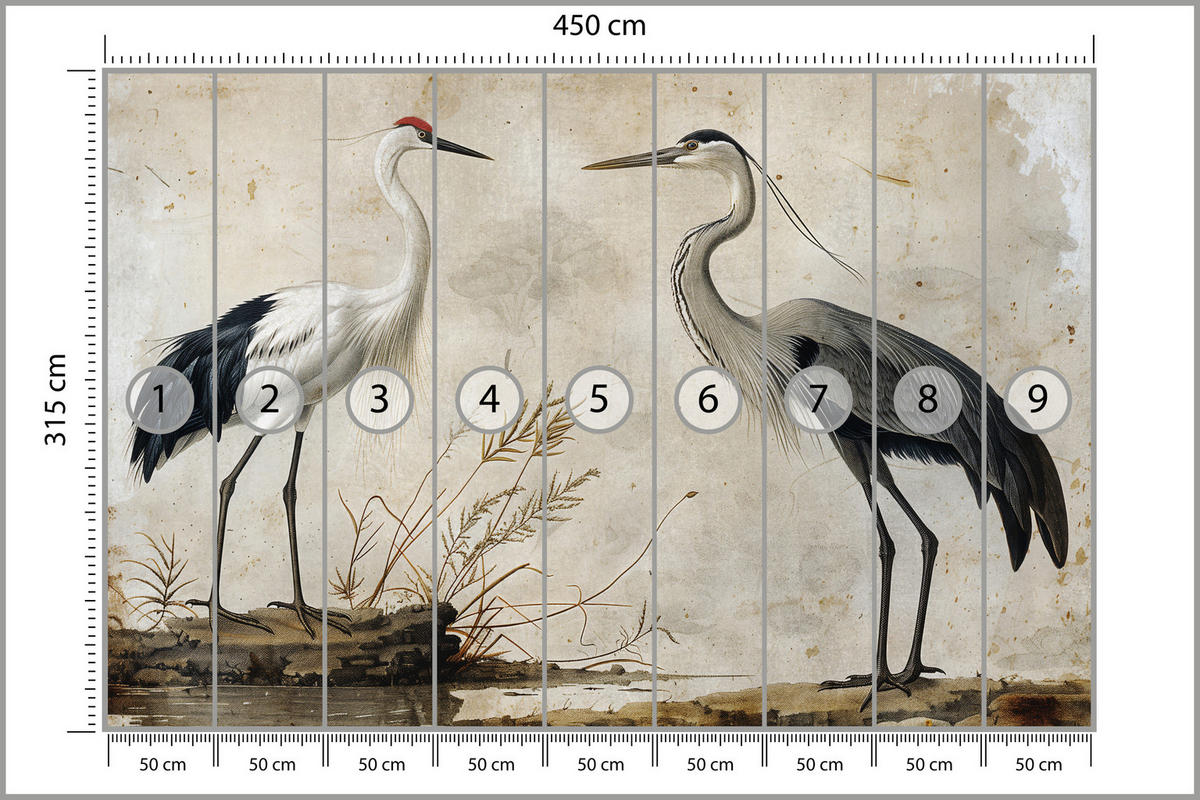 FOTOTAPETE Vögel Vögel Kranich Reiher Retro Stil 450x315 - Beige/Rot, Papier (450/315cm) - Muralo