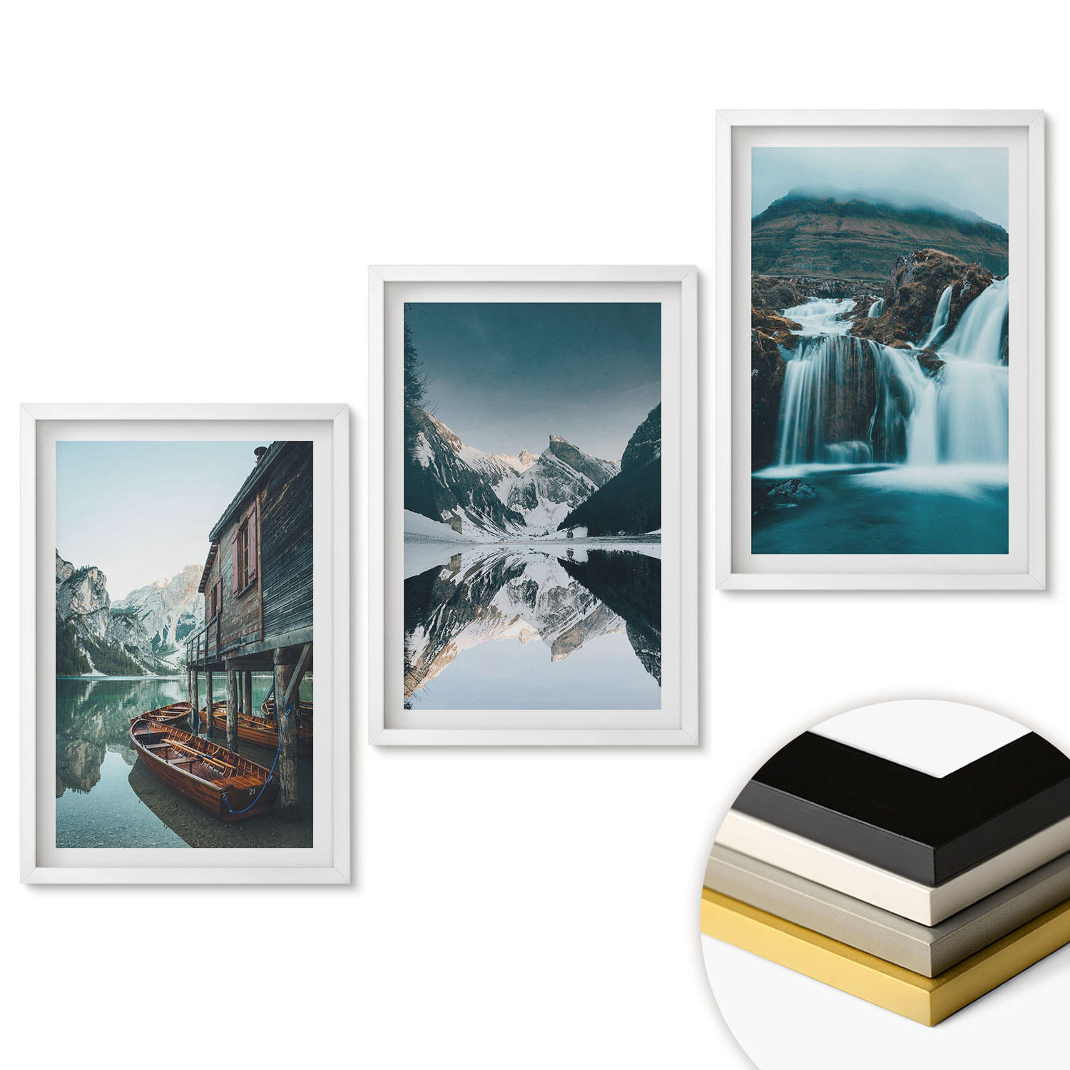 WANDBILDER 3er-Set - 40x60 cm Weißer Rahmen - Berglandschaften Wasserfall See - Weiß, Kunststoff (40/60cm) - ArtPrintCave