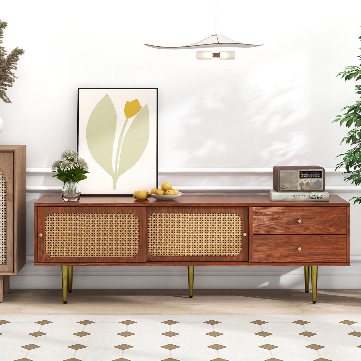 TV-SCHRANK in Walnuss mit Schiebetüren in Rattan-Optik 160/40/60 cm - Walnussfarben, Holzwerkstoff (160/60/40cm) - Redom