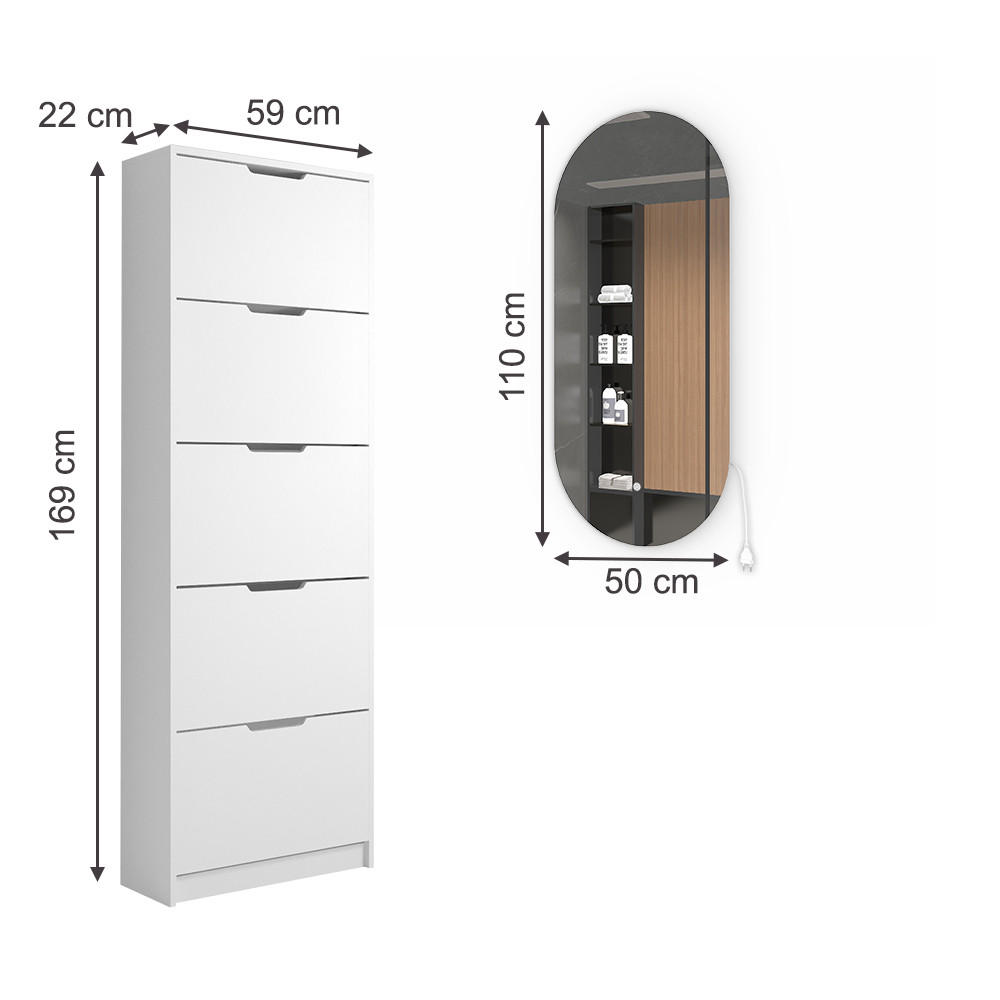 Thumbnail - Vicco Schuhkipper, Weiß, Weiß, Holzwerkstoff, 5 Fächer, 5 Schubladen, Oval, 59x169x22 cm, Garderobe, Schuhaufbewahrung, ...