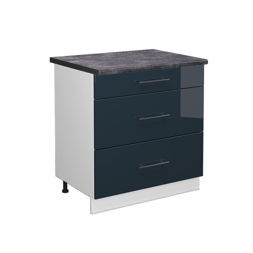 KÜCHENUNTERSCHRANK Fame-Line Dunkelblau Hochglanz 80 cm mit 3 Schubladen, AP Anthrazit - Weiß/Dunkelblau, Holzwerkstoff (80/82/60cm) - Vicco