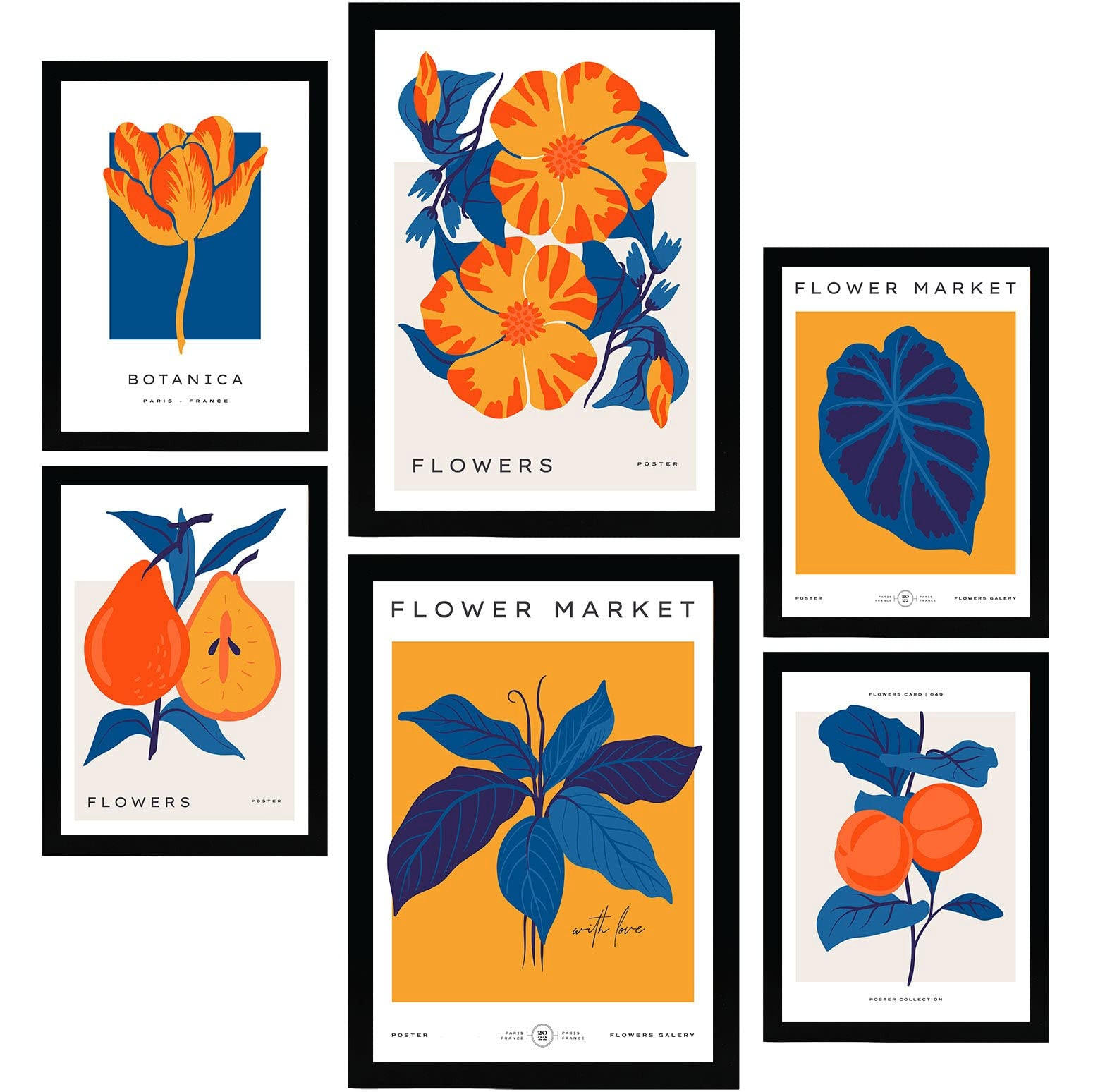 POSTER Set Mit 6 Blumen Oranger Dschungel Natur Und Botanikdrucke Für Innenarchitektur A3 & A4 Schwarzer Rahmen - Schwarz, Papier (29/3cm) - Nacnic
