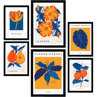 POSTER Set Mit 6 Blumen Oranger Dschungel Natur Und Botanikdrucke Für Innenarchitektur A3 & A4 Schwarzer Rahmen - Schwarz, Papier (29/3cm) - Nacnic