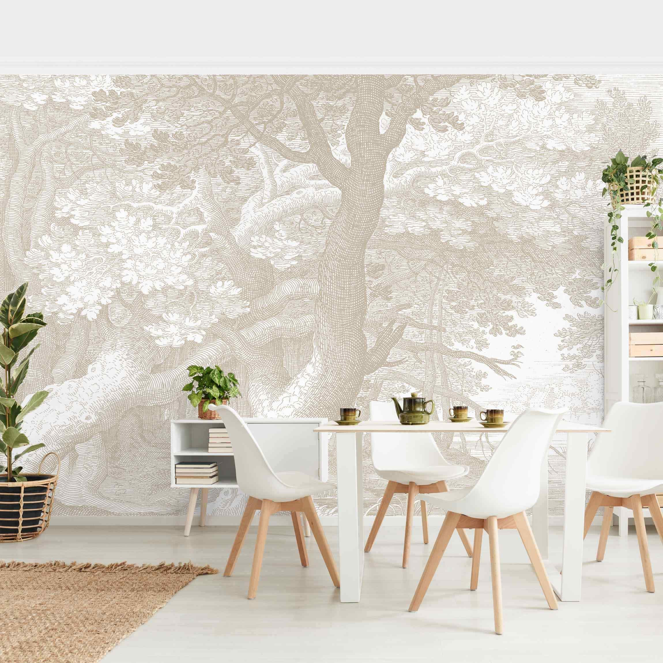 FOTOTAPETE Im Wald Kupferstich in Beige 288/190 cm - Eichefarben, Papier (288/190cm) - Bilderwelten