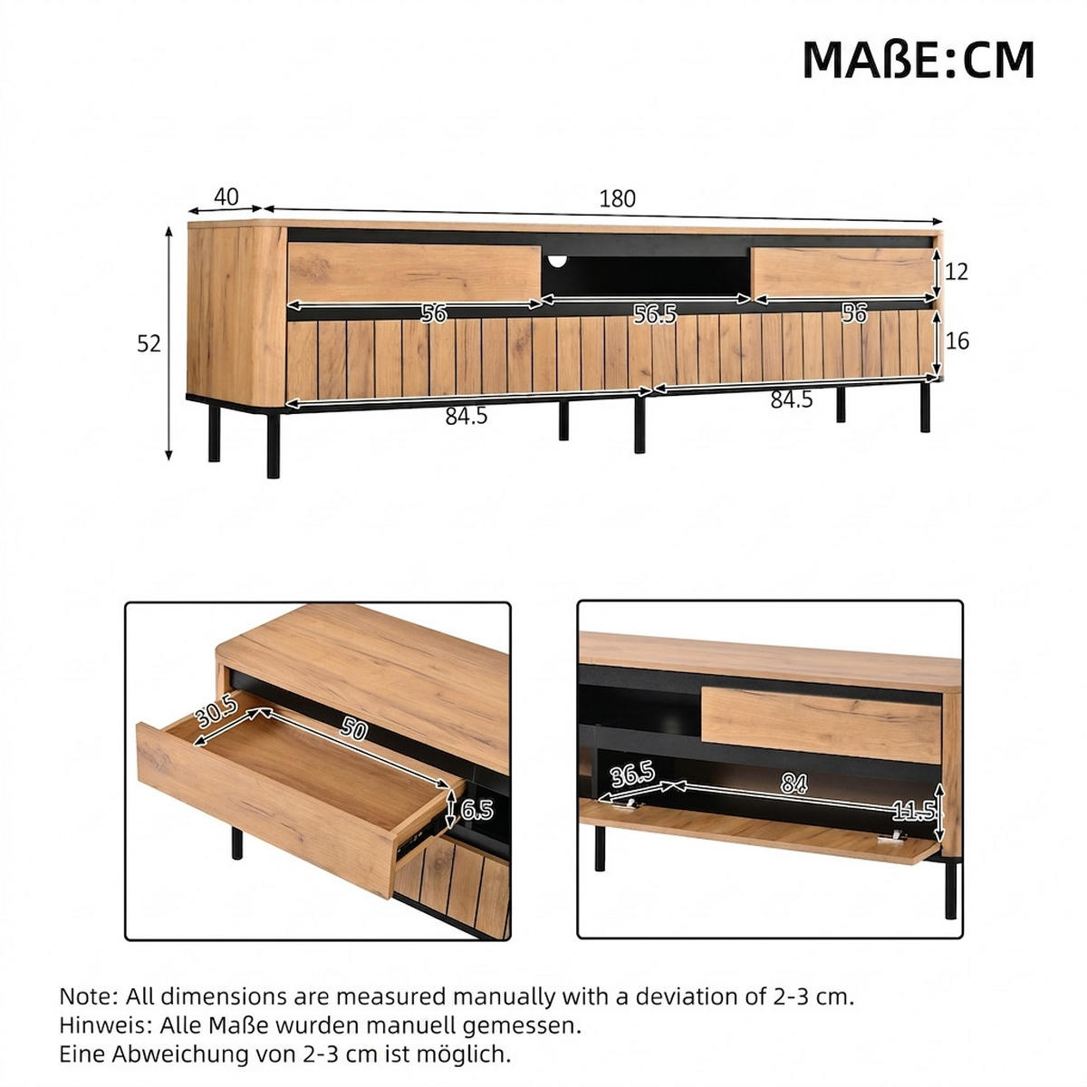 TV-SCHRANK 180/40/52 cm Naturholz mit 2 Schubladen und 2 Klapptüren - Schwarz, Holzwerkstoff/Metall (180/52/40cm) - Oxeza