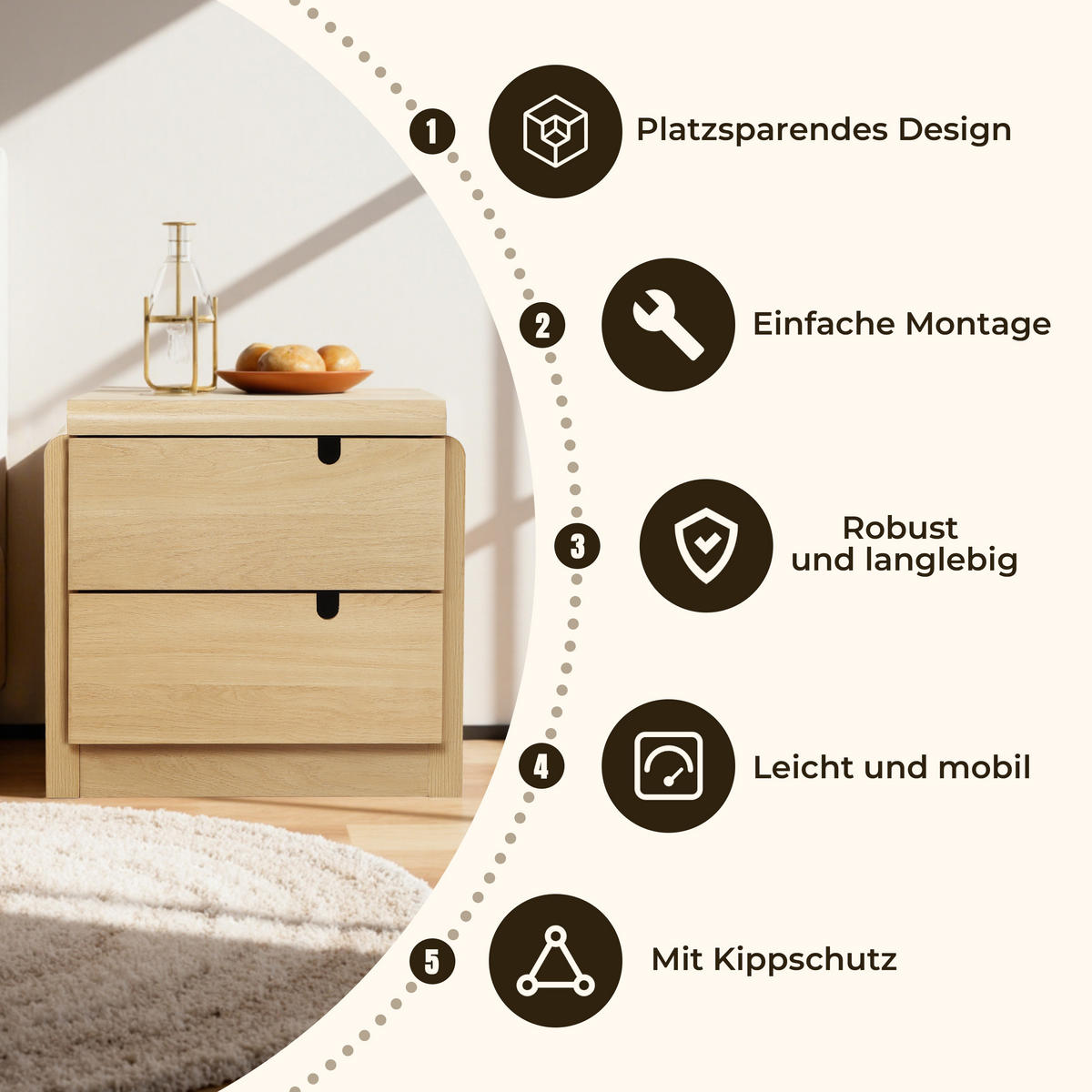 NACHTTISCH Modern mit 2 Schubladen, Eichenfarben, MDF | B55 x T40 x H53 cm - Eichefarben, Holz (55/53/40cm) - Hometopia