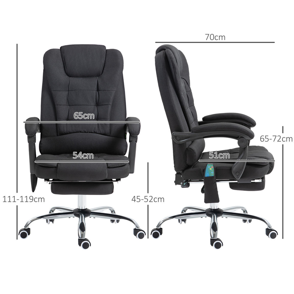 BÜROSTUHL mit Massagefunktion, Schreibtischstuhl mit Liege- & Wärmefunktion - Silberfarben/Schwarz, Kunststoff/Textil (70/119/65cm) - Vinsetto