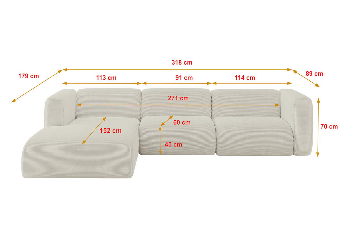 ECKSOFA Ottomane Links MIRA-L2 318x179x89 Creme Cord - Ecru/Creme, Holzwerkstoff/Kunststoff (318/179cm) - ALTDECOR
