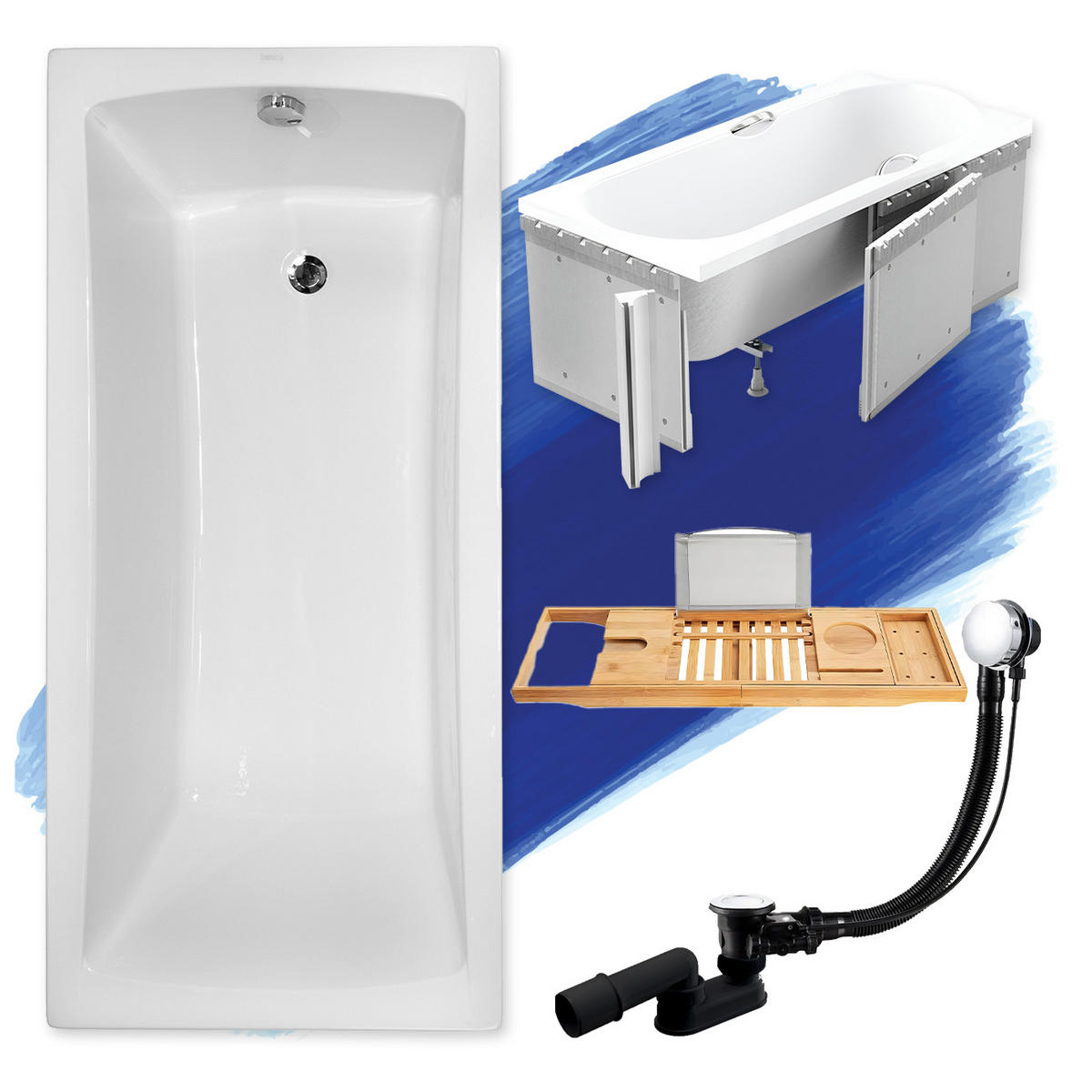 BADEWANNE Rechteck OPTIMA 160/70 + Styro + Ablage Ablauf Füße - Weiß, Kunststoff (70/53.5/160cm) - bad land