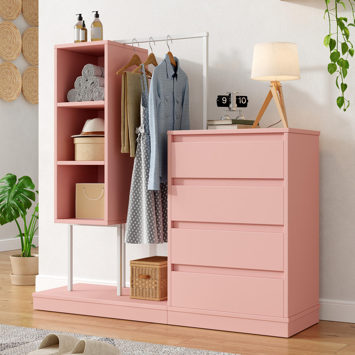 GARDEROBEN-SET in Rosa mit Kleiderstange und Schubladen für Schlafzimmer und Flur, B140/T40/H135 cm - Rosa, Holzwerkstoff/Metall (140/127.5/40cm) - STILVORA
