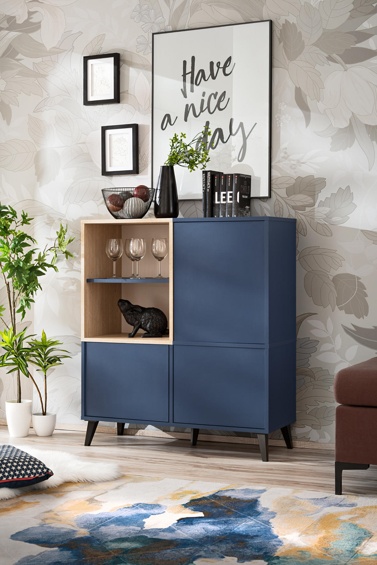 SIDEBOARD MIT WEINSCHRANK FONDI, Blau, Skandinavische Tanne - Blau/Hellbraun, Holzwerkstoff/Metall (89.9/102/35cm) - Komodee