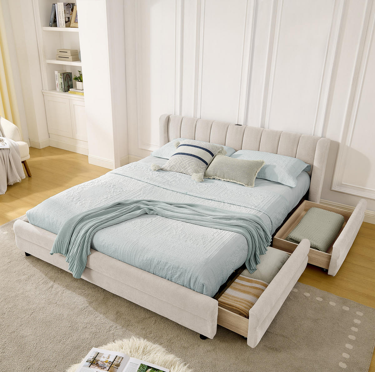 BETT mit 4 Schubladen und USB 140x200 cm Chenille Beige - Beige, Holz (140/200cm) - Meubliv